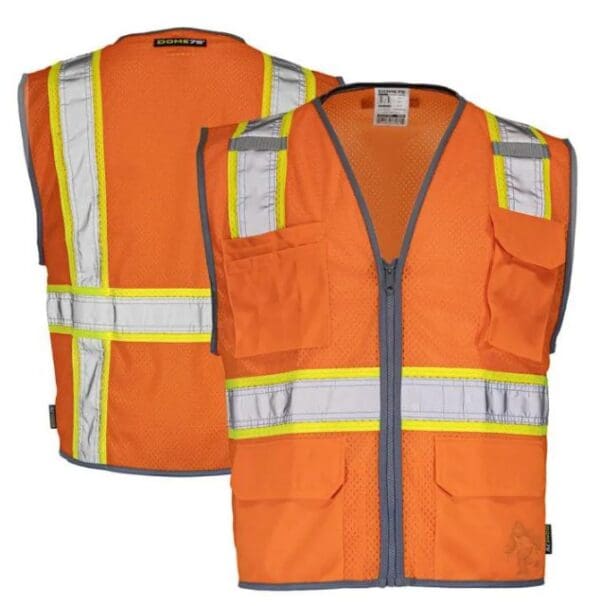 A vest that is orange and has two reflective strips.