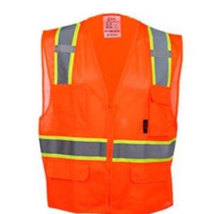 A safety vest that is orange and has reflective stripes.